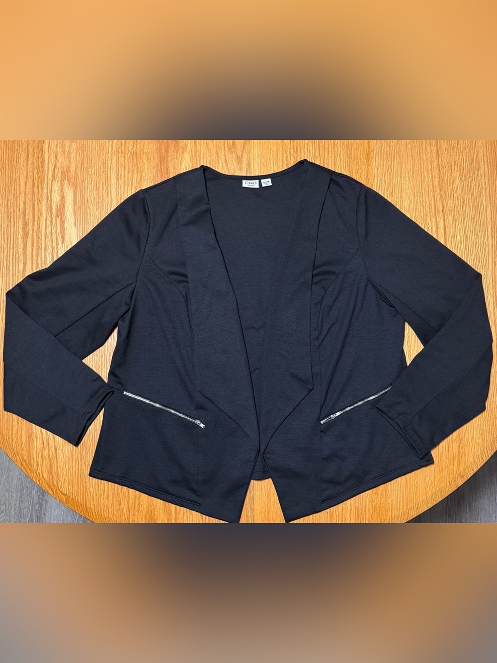 Cato Black Open-Front Blazer with Silver Zipper Accents